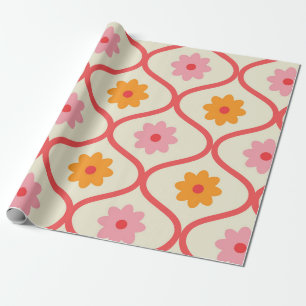 Papier Cadeau Fleurs rétro orange et rose sur motif Ogee 