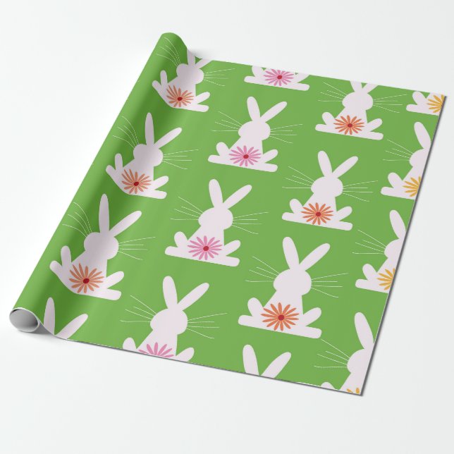 Papier Cadeau Fleurs rétro sur lapins blancs géométriques (Déroulé)