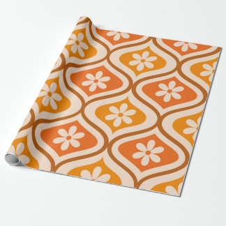 Papier Cadeau Fleurs rétro sur motif ogival orange et ambre