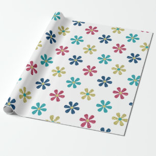 Papier Cadeau Fleurs rétros 60s Gold Blue Red Parties scintillan