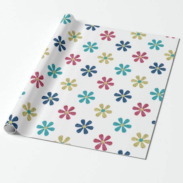 Papier Cadeau Fleurs rétros 60s Gold Blue Red Parties scintillan (Déroulé)