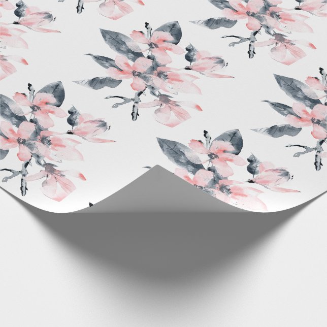 Papier Cadeau Fleurs rose et gris Motif Aquarelle classique (Coin)