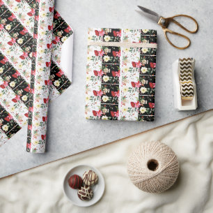 Papier Cadeau Fleurs rose noir et blanc rayures verticales vinta