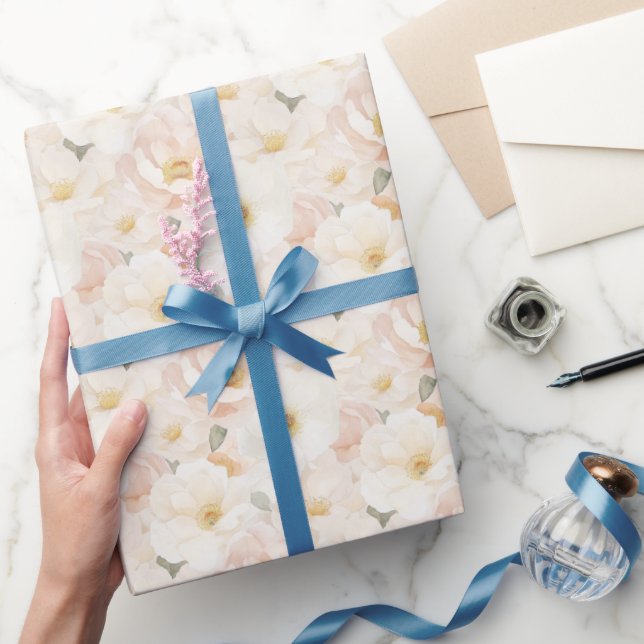 Papier Cadeau Fleurs Rose Pâle Shower de Mariée (Cadeaux)