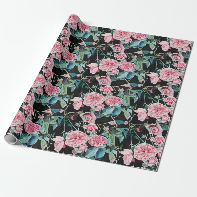 Papier Cadeau Fleurs rose rose floral Aquarelle Enveloppement (Déroulé)