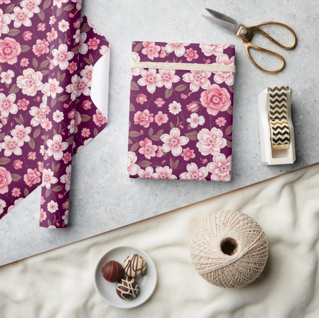 Papier Cadeau Fleurs rose vif motif sur violet (Artisanat)