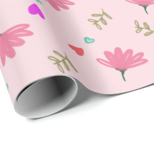 Papier Cadeau Fleurs Roses Avec Coeurs Enveloppant Papier