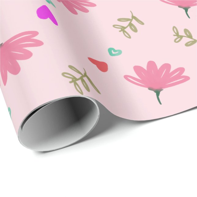 Papier Cadeau Fleurs Roses Avec Coeurs Enveloppant Papier (Coin rond)