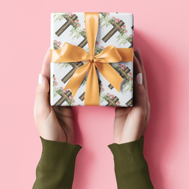 Papier Cadeau Fleurs roses Brown Croix religieuse Pâques (Créateur téléchargé)
