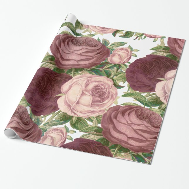 Papier Cadeau Fleurs roses chics de roses de Bourgogne de pays (Déroulé)