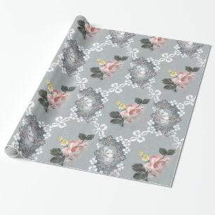 Papier Cadeau Fleurs Roses Et Blanches Sur Arrière - plan Gris