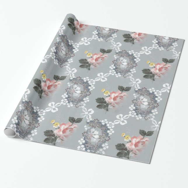 Papier Cadeau Fleurs Roses Et Blanches Sur Arrière - plan Gris (Déroulé)