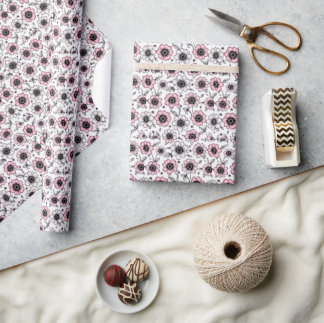 Papier Cadeau Fleurs roses et dessin feuille