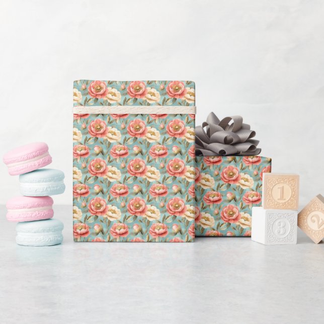 Papier Cadeau Fleurs roses et ivoire sur turquoise  (Baby Shower)