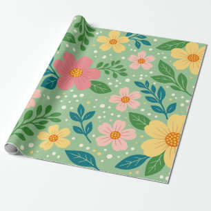 Papier Cadeau Fleurs roses et jaunes avec feuilles vertes et ble