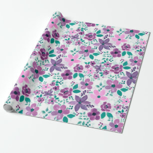Papier Cadeau Fleurs roses et mauves mûres Aquarelle Peinture