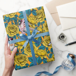 Papier Cadeau Fleurs roses et oiseaux dorés