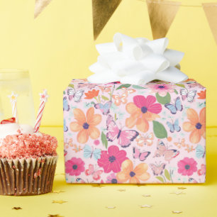 Papier cadeau Fleurs roses et papillons