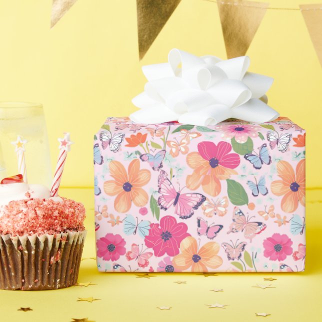 Papier Cadeau Fleurs roses et Papillons envelopper cadeau (Fête d'anniversaire)