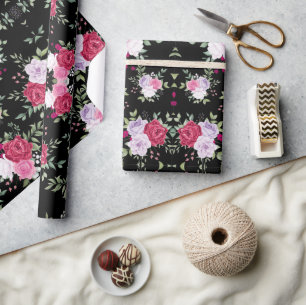 Papier Cadeau Fleurs roses et rouges à l'aquarelle Motif vintage