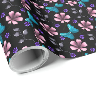 Papier Cadeau Fleurs roses fantaisistes et papillon bleu sans co