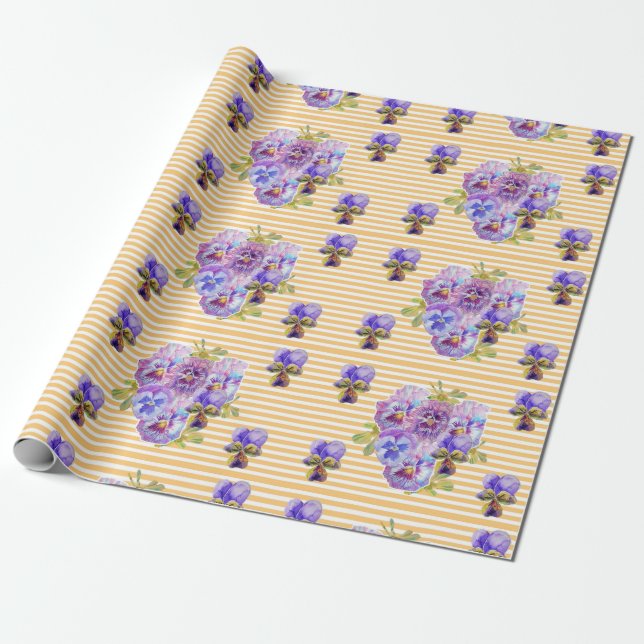 Papier Cadeau Fleurs roses Pansy art floral Aquarelle (Déroulé)