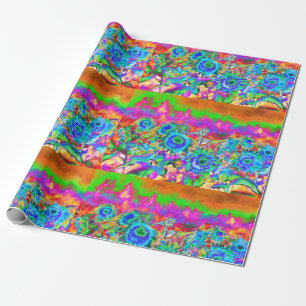 Papier Cadeau Fleurs roses violettes bleu boho rétro