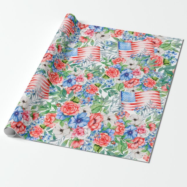 Papier Cadeau Fleurs Rouge Blanc Et Bleu 4 juillet Patriotique (Déroulé)