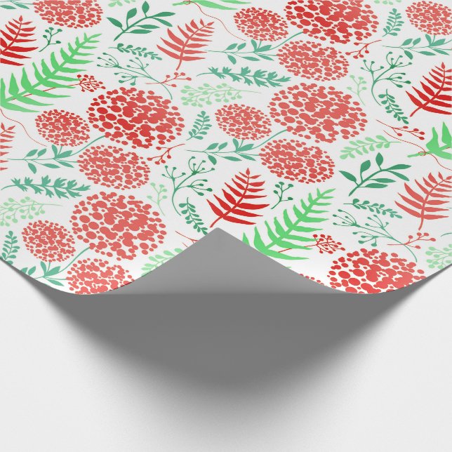 Papier Cadeau Fleurs rouges arrondies vert feuille motif (Coin)