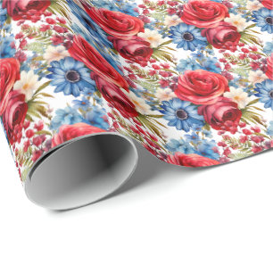 Papier Cadeau Fleurs rouges, blanches et bleues patriotiques
