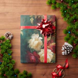 Papier Cadeau Fleurs rouges blanches vertes en or