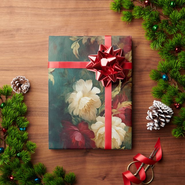 Papier Cadeau Fleurs rouges blanches vertes en or (Cadeau de vacances)