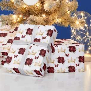 Papier Cadeau Fleurs rouges bourguignonnes et Couronnes d'or