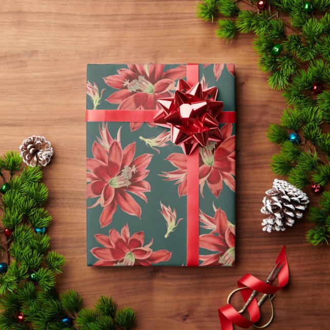 Papier Cadeau Fleurs rouges de cactus de Noël sur À feuillage pe (Cadeau de vacances)
