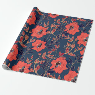 Papier Cadeau Fleurs rouges de roses et pivoines avec feuilles e
