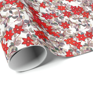 Papier Cadeau Fleurs rouges et feuilles gris argenté