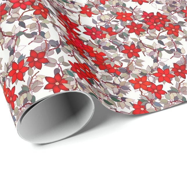 Papier Cadeau Fleurs rouges et feuilles gris argenté (Coin rond)