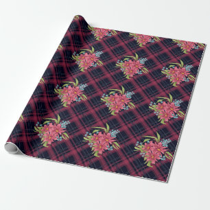 Papier Cadeau Fleurs rouges noires écossaises à damiers plaid