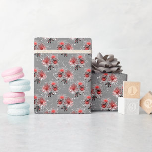 Papier Cadeau Fleurs rouges sur gris