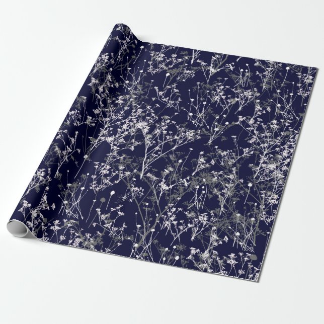 Papier Cadeau Fleurs sauvages Abstraits élégants sur bleu marine (Déroulé)