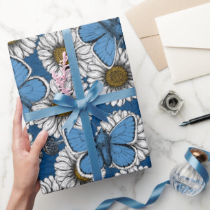 Papier Cadeau Fleurs sauvages blanches et papillons bleus w