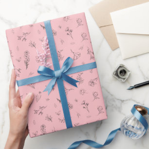 Papier Cadeau Fleurs sauvages esquissées sur fond rose clair