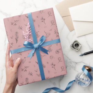 Papier Cadeau Fleurs sauvages esquissées sur fond rouge pastel