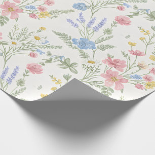 Papier Cadeau Fleurs sauvages rose jaune bleu Style aquarelle