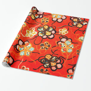 PAPIER CADEAU FLEURS STYLISÉES, RIBBONS BLANCS NOIRS ROUGE CLAIR