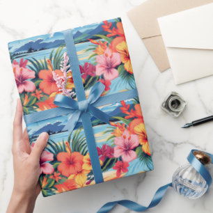 Papier Cadeau Fleurs tropicales colorées et paysage