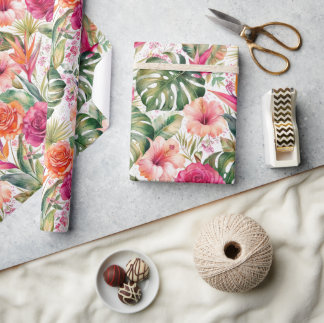 Papier Cadeau Fleurs tropicales colorées | Hibiscus et feuillage