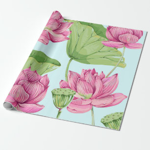 Papier Cadeau Fleurs tropicales, feuilles, lotus roses, nénuphar