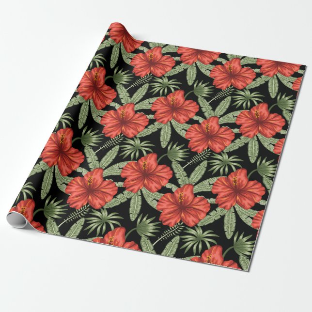 Papier Cadeau Fleurs tropicales rouges sans coutures motif vert  (Déroulé)