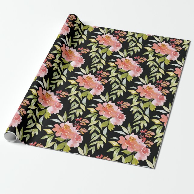 Papier Cadeau Fleurs Verdoyantes Rouges sur Fond Noir (Déroulé)